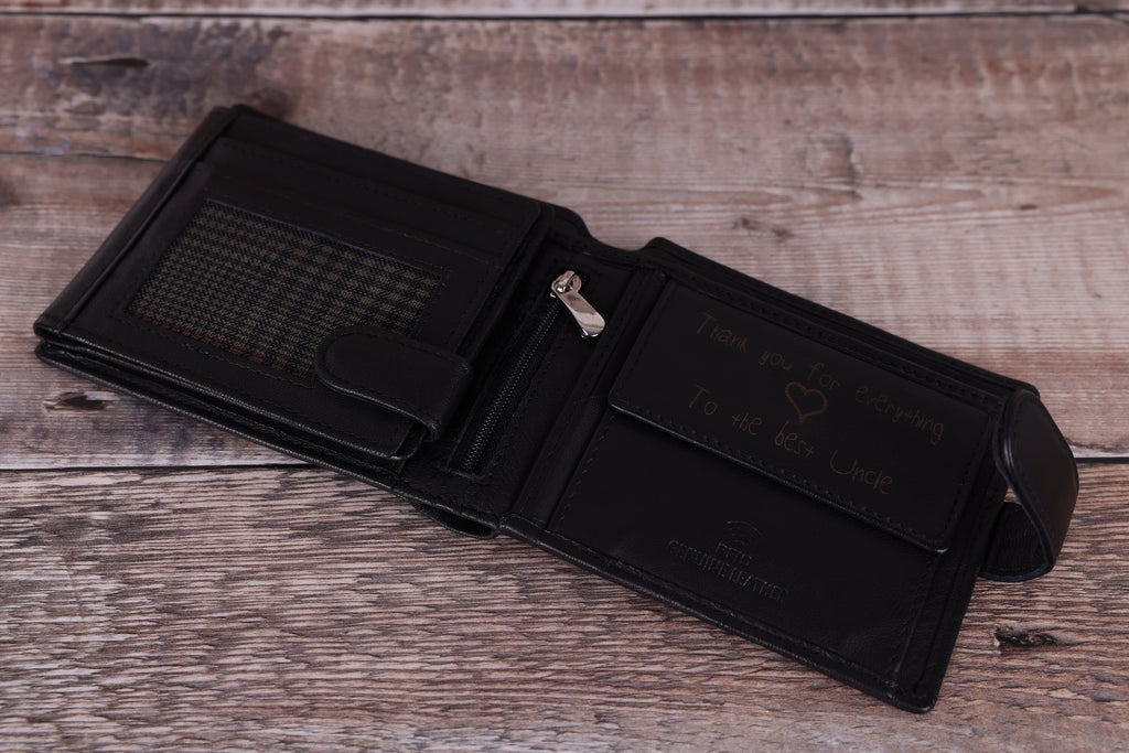 Personalised Custom Handwritten Engraved Wallet, Father's Day Gift for Husband, Boyfriend, Men's Wallet, Genuine Soft Leather Black Wallet