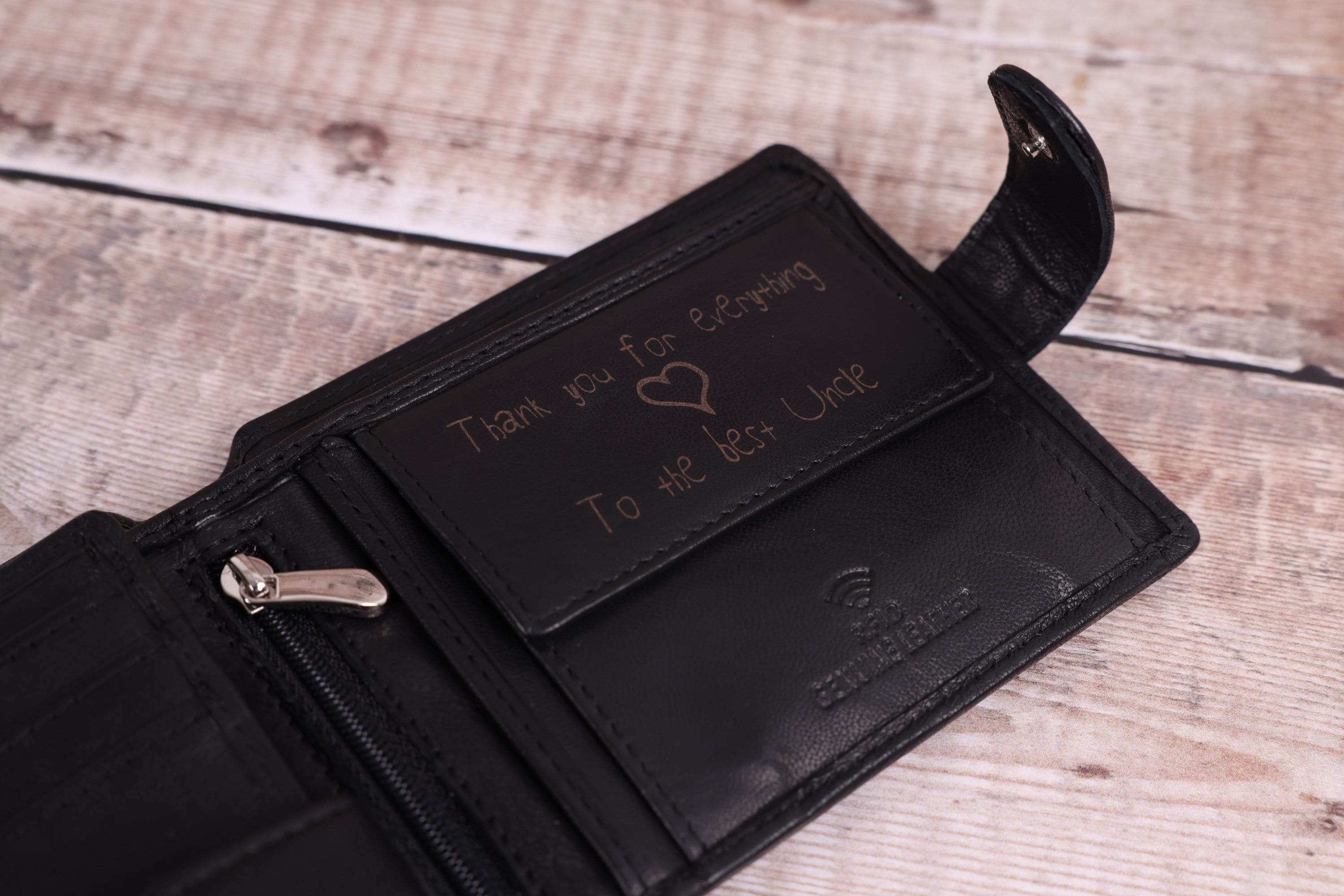 Personalised Custom Handwritten Engraved Wallet, Father's Day Gift for Husband, Boyfriend, Men's Wallet, Genuine Soft Leather Black Wallet