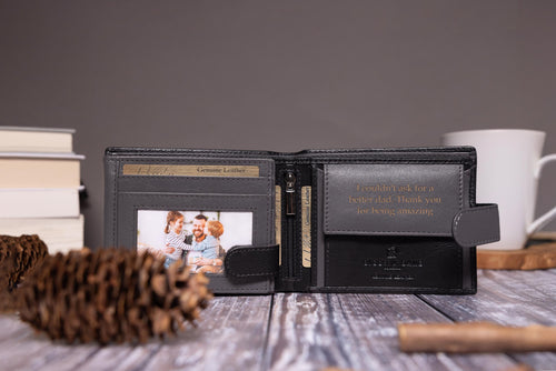 Father's Day Gift, Personalised Men's Wallet, Genuine Soft Black Leather Wallet, Personalized Engraved Gift for Dad, Him, Boyfriend, Husband