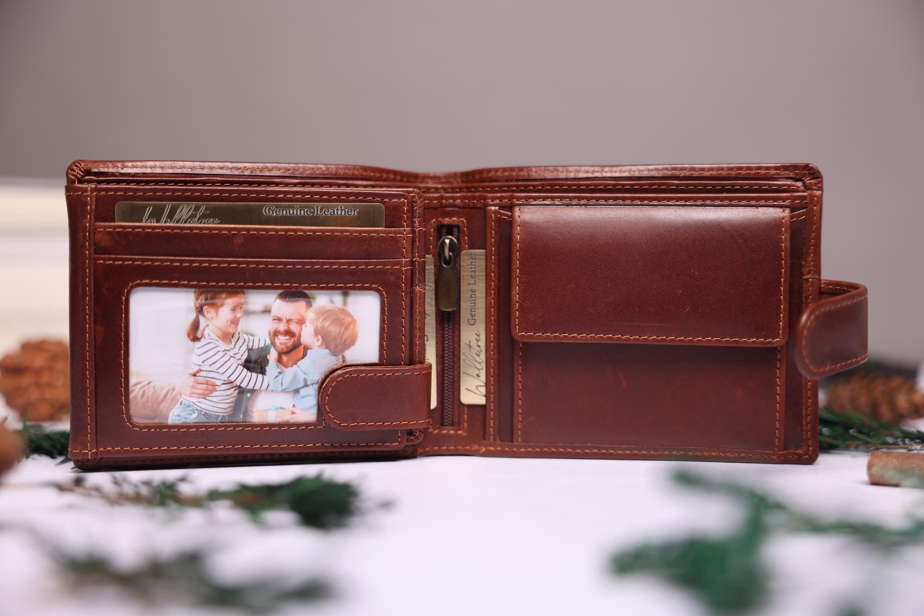 Personalised Men's Bifold Wallet, Brown Real Leather Wallet Personalized Engraved Father's Day Gift for Boyfriend, Anniversary Gift for Dad