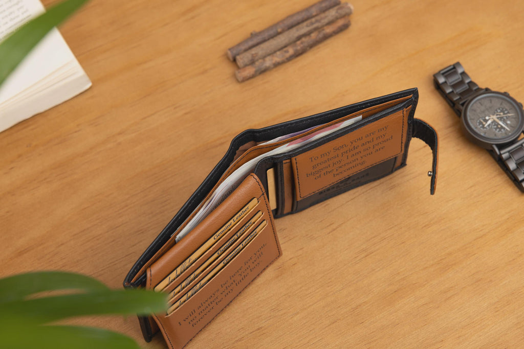 Personalised Engraved Men's Wallet, Genuine Soft Black Leather Wallet, Personalized Father's Day Gift for Him, Boyfriend, Husband, Dad