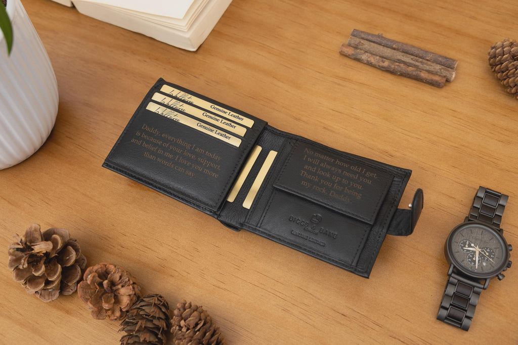 Personalised Engraved Men's Wallet, Coin Pocket Genuine Soft Black Leather Wallet, Personalized Fathers Day Gift for Dad, Boyfriend, Husband