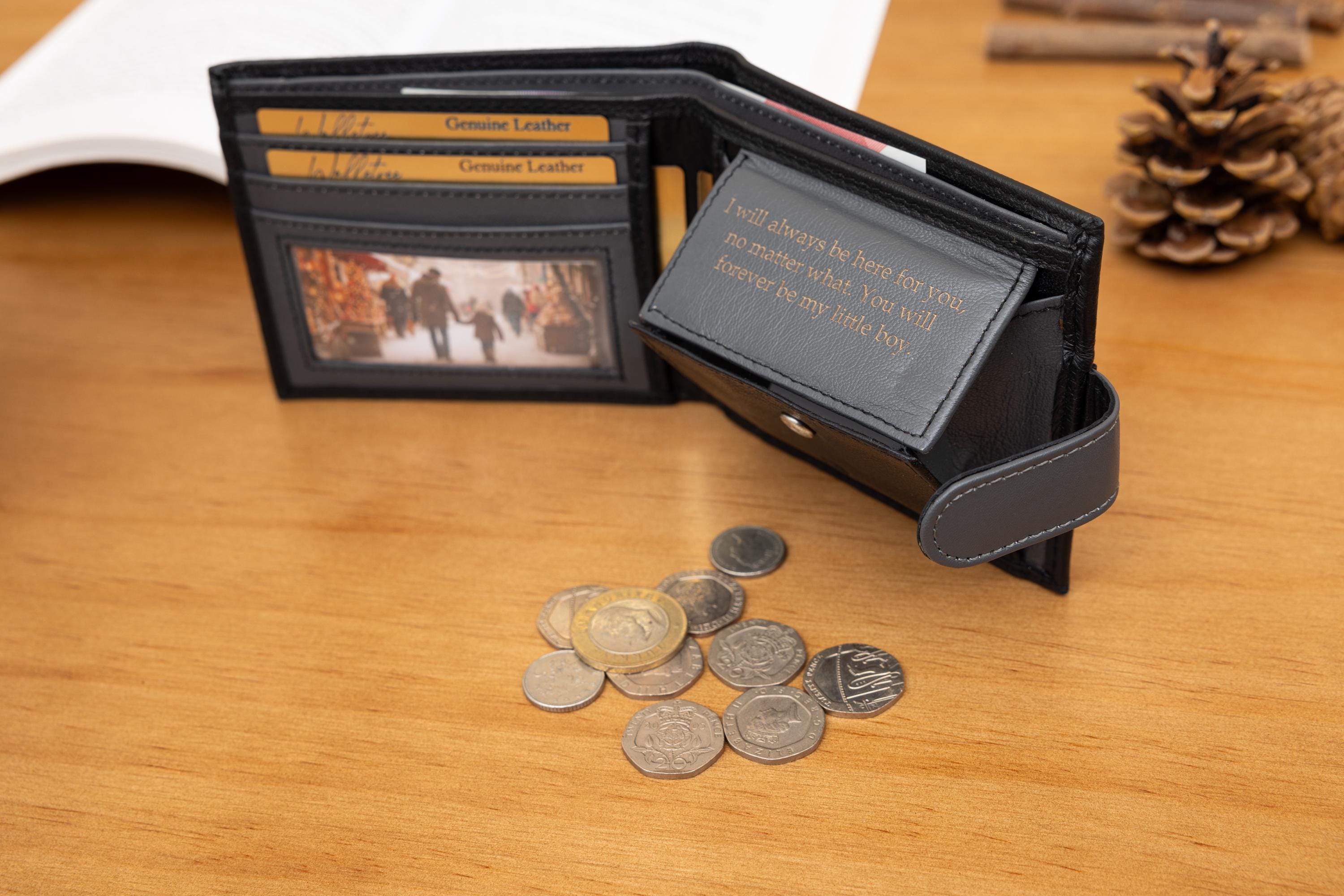 Father's Day Gift for Dad, Personalised Mens Wallet, Genuine Soft Black & Grey Leather Wallet, Personalized Gift for him, Boyfriend, Husband