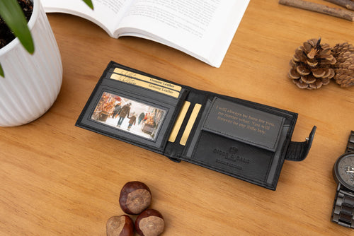 Father's Day Gift for Dad, Personalised Mens Wallet, Genuine Soft Black & Grey Leather Wallet, Personalized Gift for him, Boyfriend, Husband