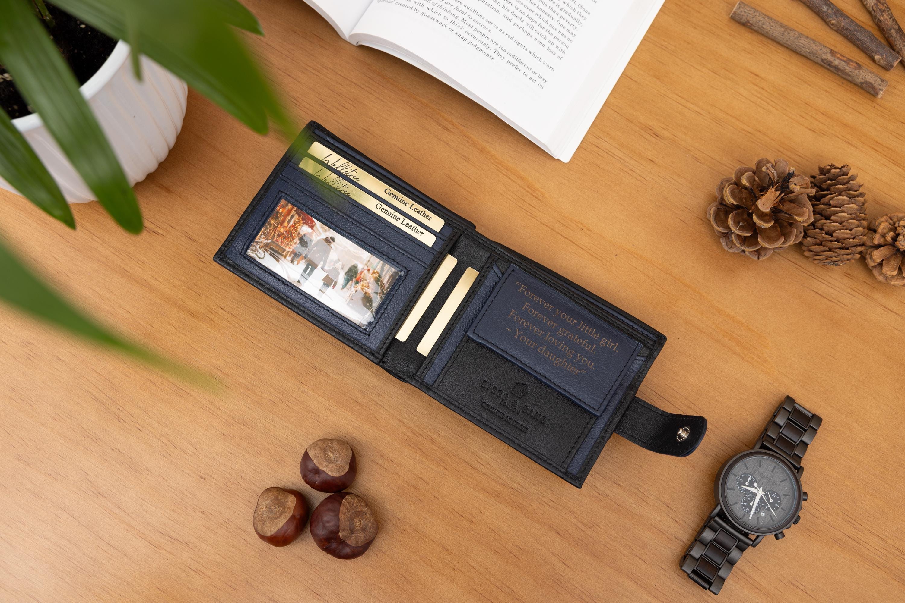 Father's Day Gift for Dad, Personalised Men's Wallet, Genuine Soft Black & Navy Leather Wallet, Personalized Gift for Him, Boyfriend,Husband