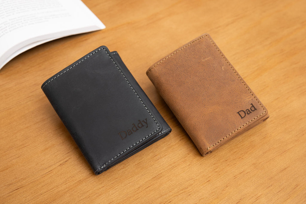 Personalised Custom Engraved Men's Trifold Wallet, Genuine Rustic Brown Leather Wallet, Personalized Father's Day Gift for Dad, Husband, Him