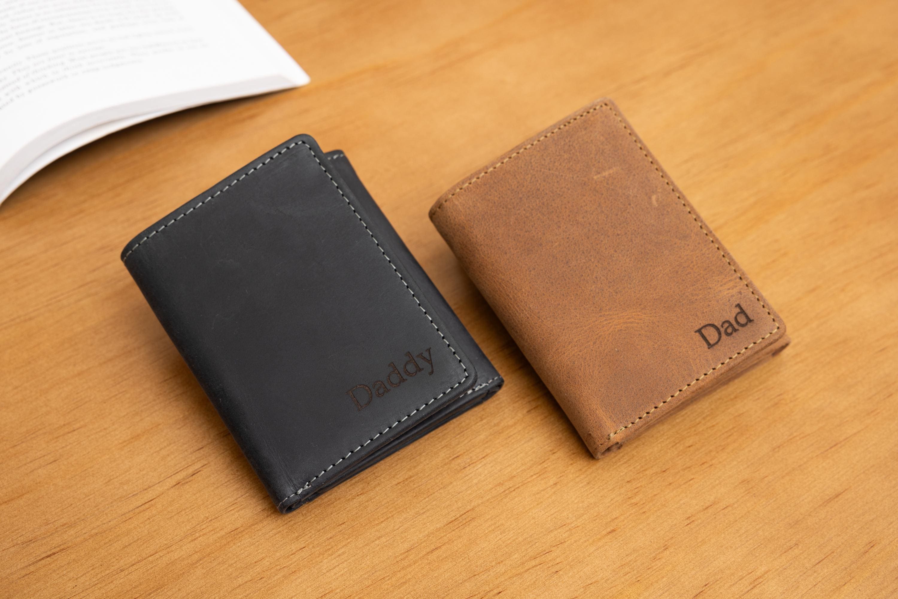 Personalised Custom Engraved Men's Trifold Wallet, Genuine Rustic Brown Leather Wallet, Personalized Father's Day Gift for Dad, Husband, Him