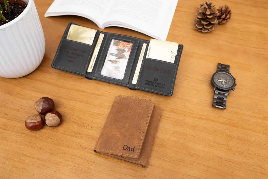 Personalised Custom Engraved Men's Trifold Wallet, Genuine Rustic Brown Leather Wallet, Personalized Father's Day Gift for Dad, Husband, Him