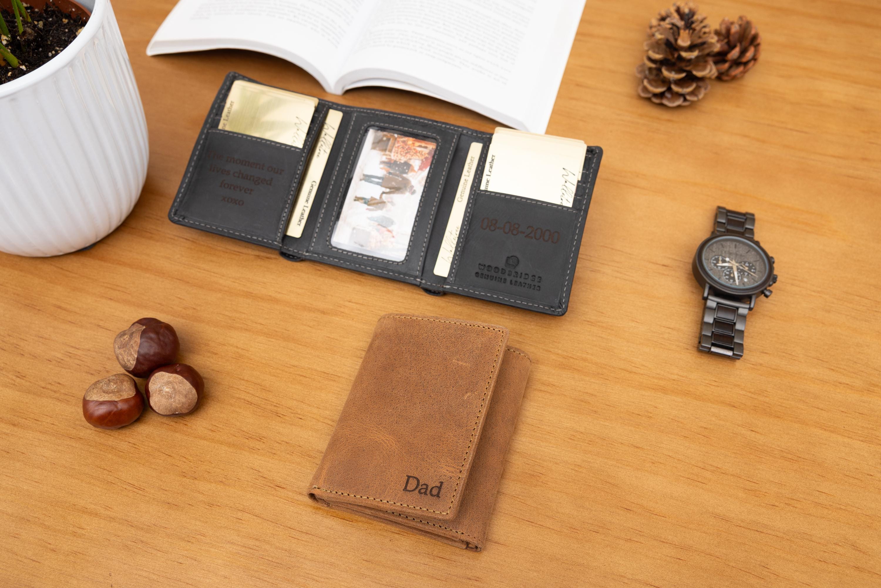 Personalised Custom Engraved Men's Trifold Wallet, Genuine Rustic Brown Leather Wallet, Personalized Father's Day Gift for Dad, Husband, Him