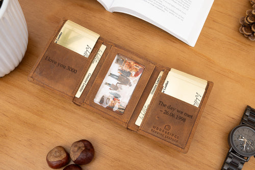 Personalised Custom Engraved Men's Trifold Wallet, Genuine Rustic Brown Leather Wallet, Personalized Father's Day Gift for Dad, Husband, Him