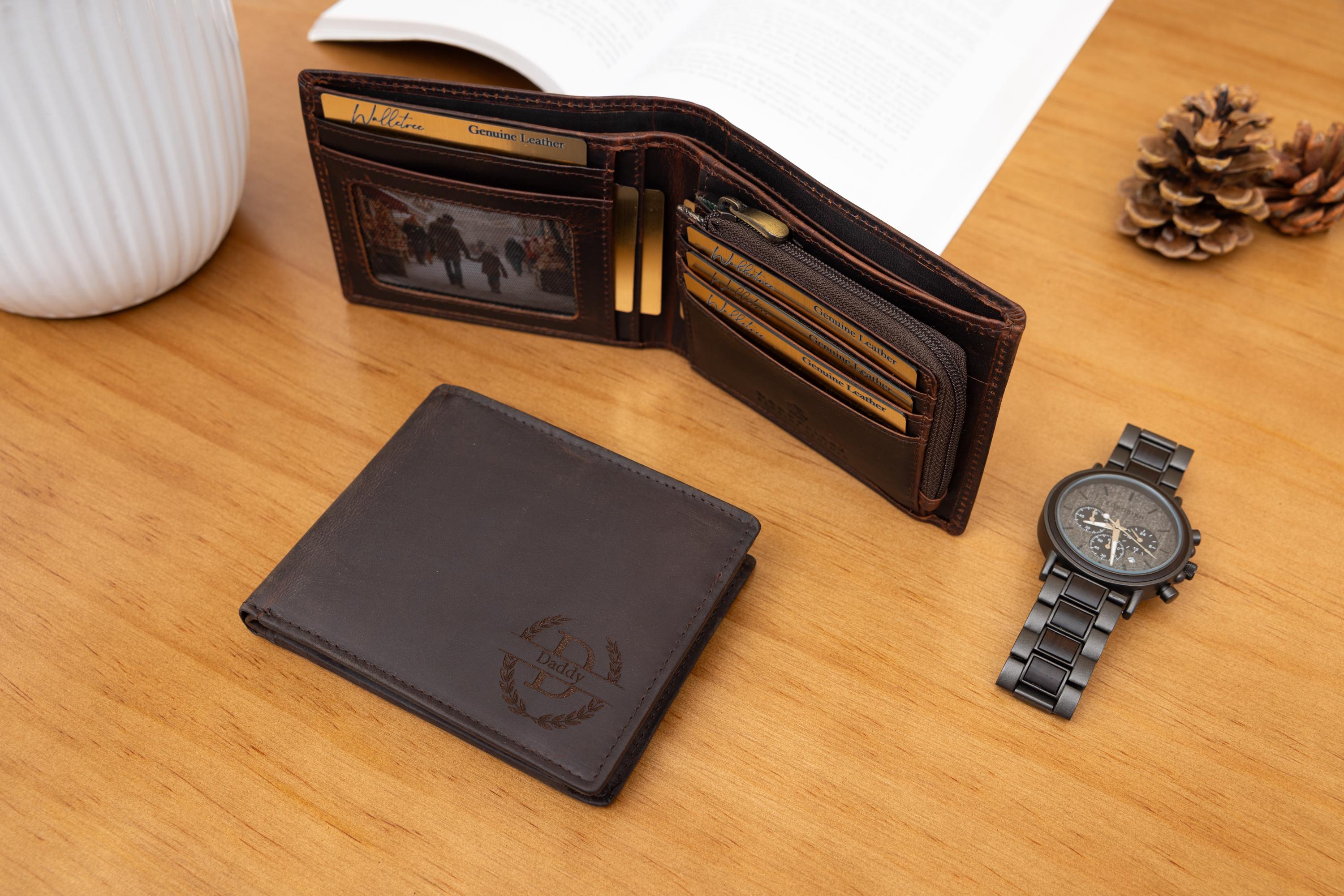Father's Day Gift, Personalised Men's Brown Wallet, Engraved Wallet, Zip Coin Pocket Wallet, Custom Wallet, Gift for him, Men, Dad, Husband