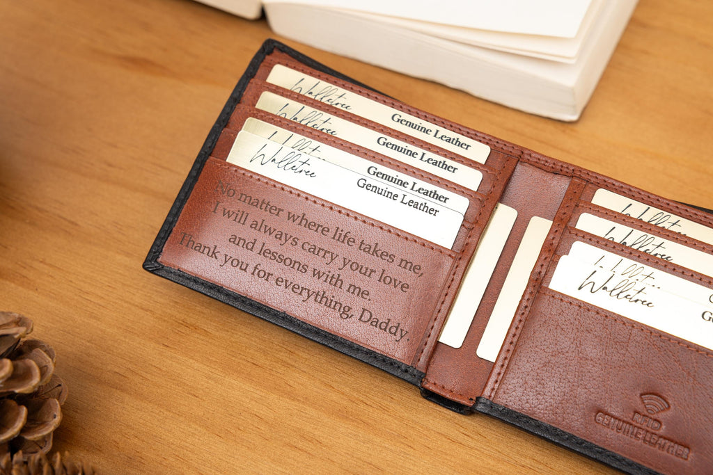 Personalised Custom Monogram Engraved, Genuine Soft Black & Brown Men's Leather Wallet, Father's Day Gift for him, Boyfriend, Husband, Dad
