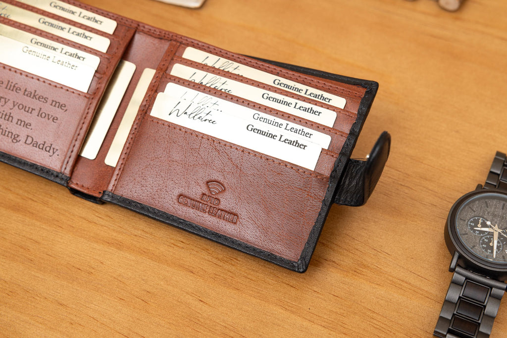 Personalised Custom Monogram Engraved, Genuine Soft Black & Brown Men's Leather Wallet, Father's Day Gift for him, Boyfriend, Husband, Dad