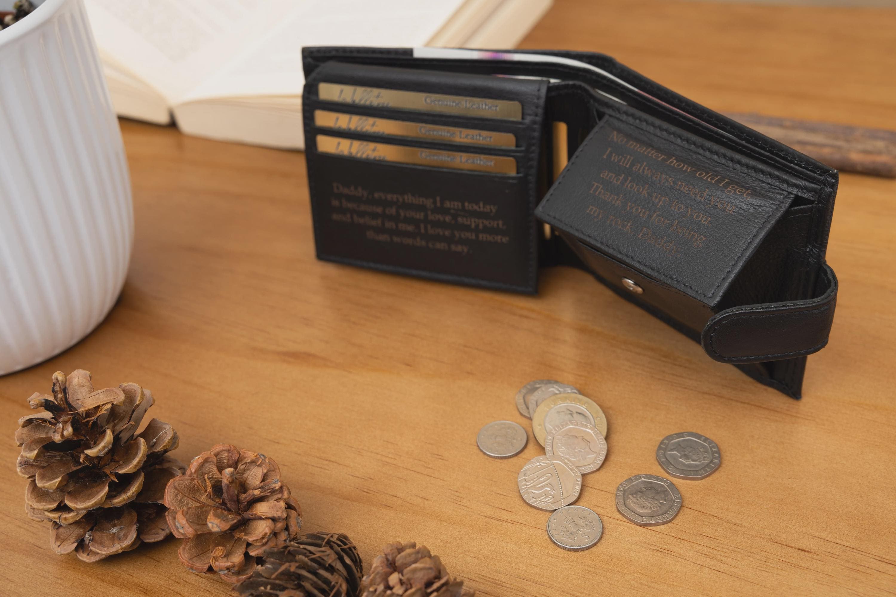 Personalised Men's Leather Wallet, Genuine Soft Black Engraved Leather Wallet, Personalized Father's Day Gift for Dad, Grandad, Husband