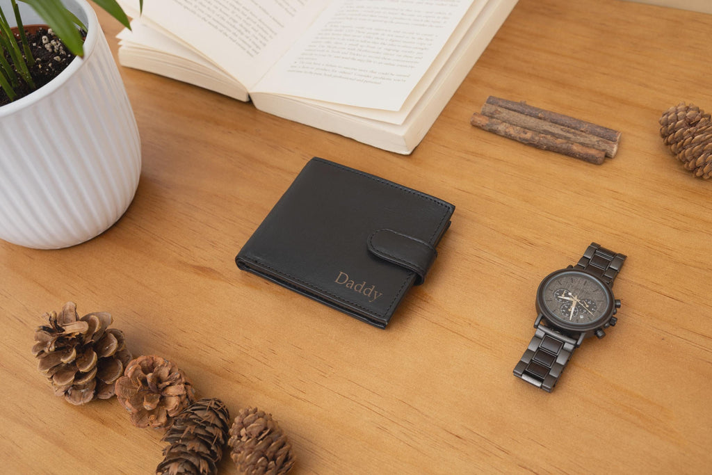 Personalised Men's Leather Wallet, Genuine Soft Black Engraved Leather Wallet, Personalized Father's Day Gift for Dad, Grandad, Husband
