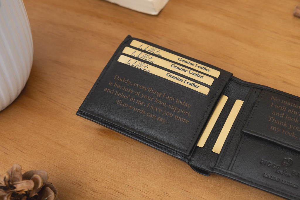 Personalised Men's Leather Wallet, Genuine Soft Black Engraved Leather Wallet, Personalized Father's Day Gift for Dad, Grandad, Husband