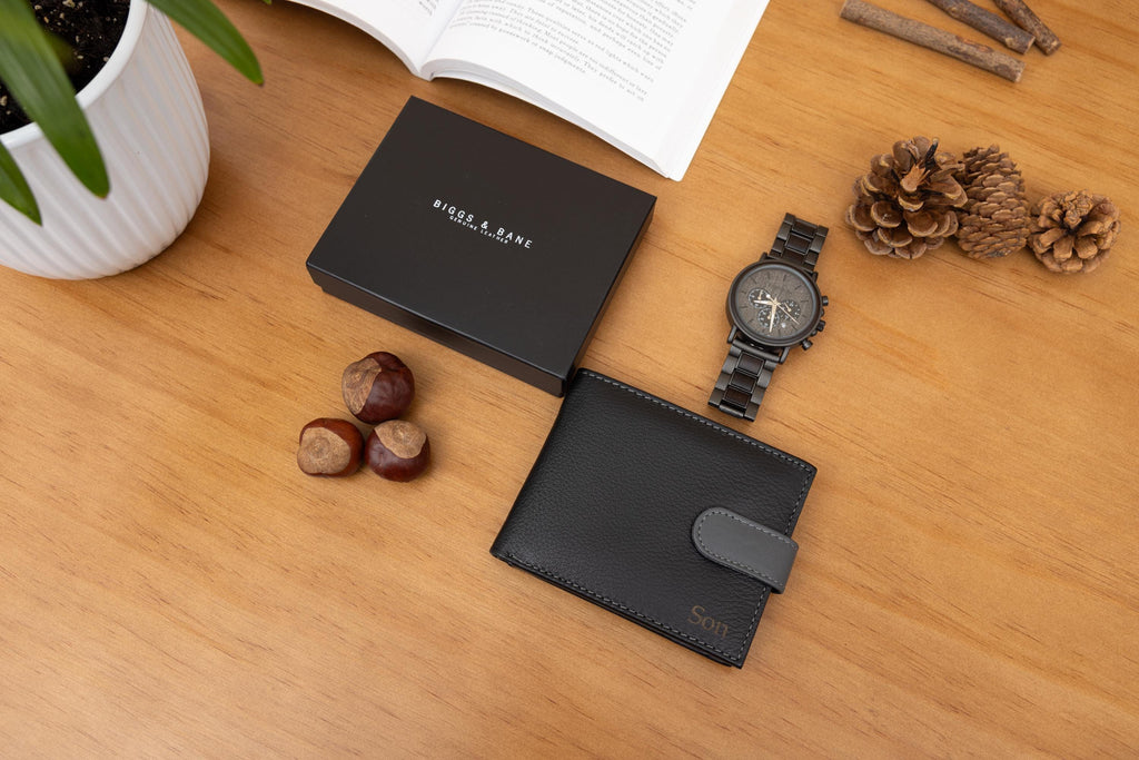 Father's Day Gift for Dad, Personalised Mens Wallet, Genuine Soft Black & Grey Leather Wallet, Personalized Gift for him, Boyfriend, Husband