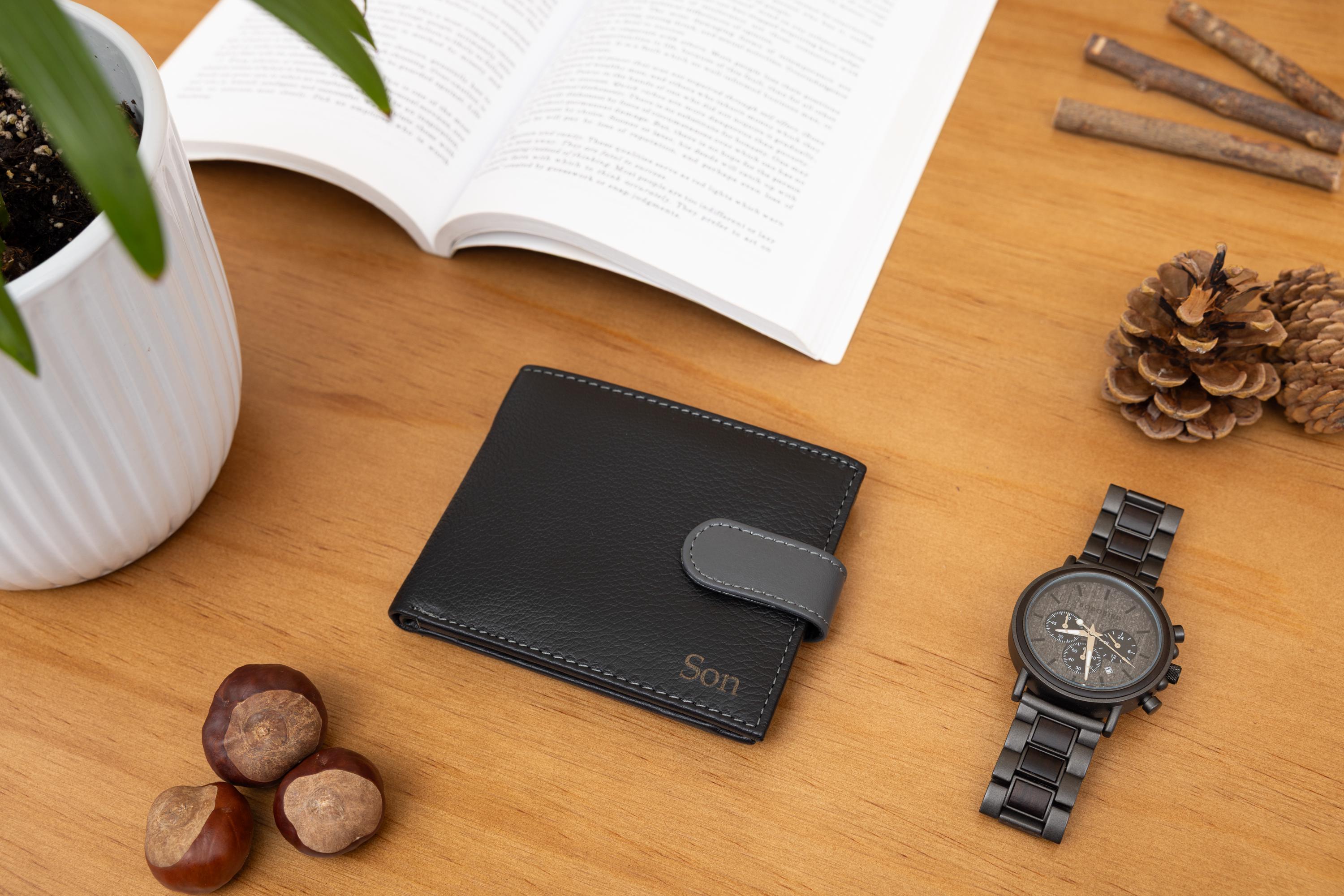 Father's Day Gift for Dad, Personalised Mens Wallet, Genuine Soft Black & Grey Leather Wallet, Personalized Gift for him, Boyfriend, Husband