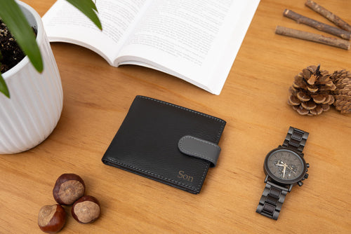 Father's Day Gift for Dad, Personalised Mens Wallet, Genuine Soft Black & Grey Leather Wallet, Personalized Gift for him, Boyfriend, Husband