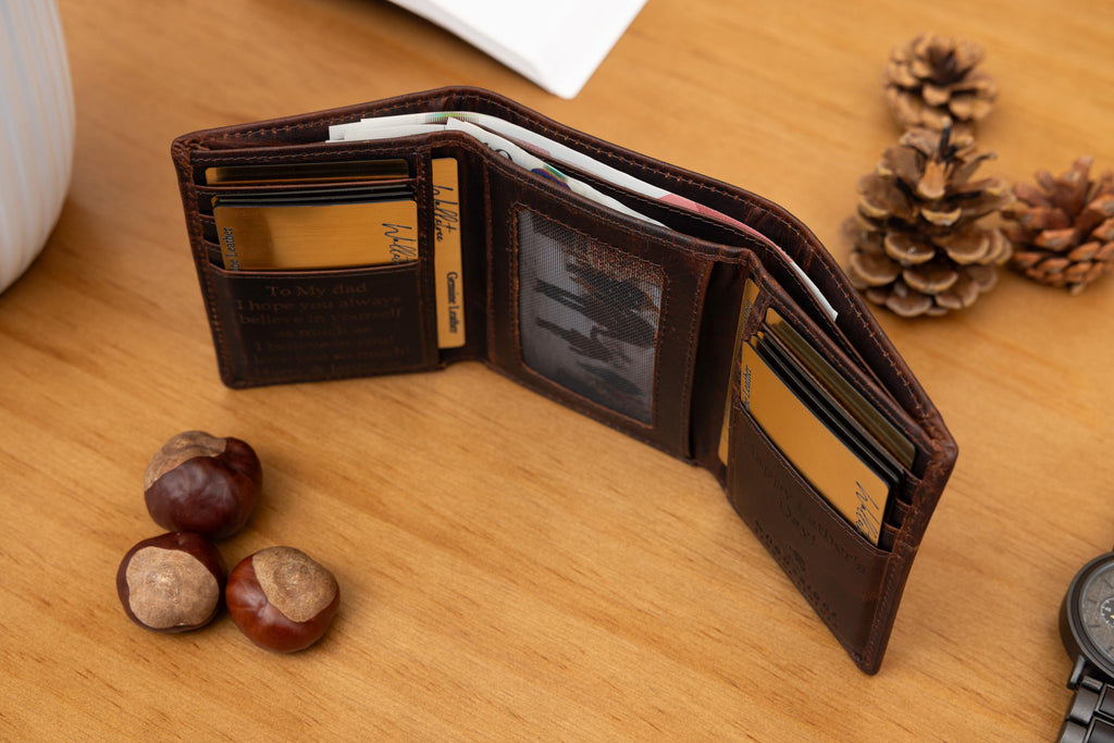 Personalised Custom Engraved Men's Trifold Wallet, Genuine Rustic Brown Leather Wallet, Personalized Father's Day Gift for Dad, Husband, Him