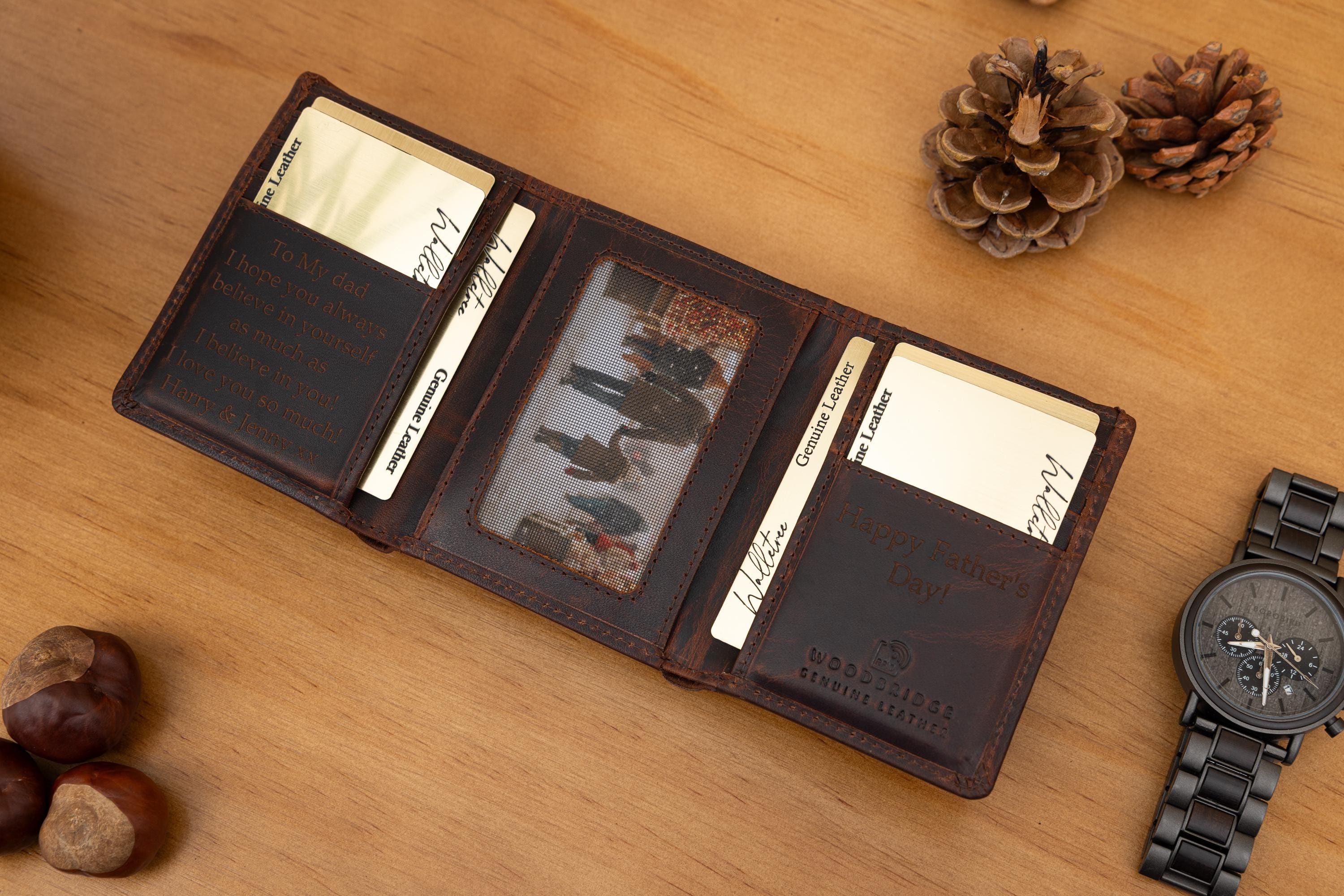 Personalised Custom Engraved Men's Trifold Wallet, Genuine Rustic Brown Leather Wallet, Personalized Father's Day Gift for Dad, Husband, Him
