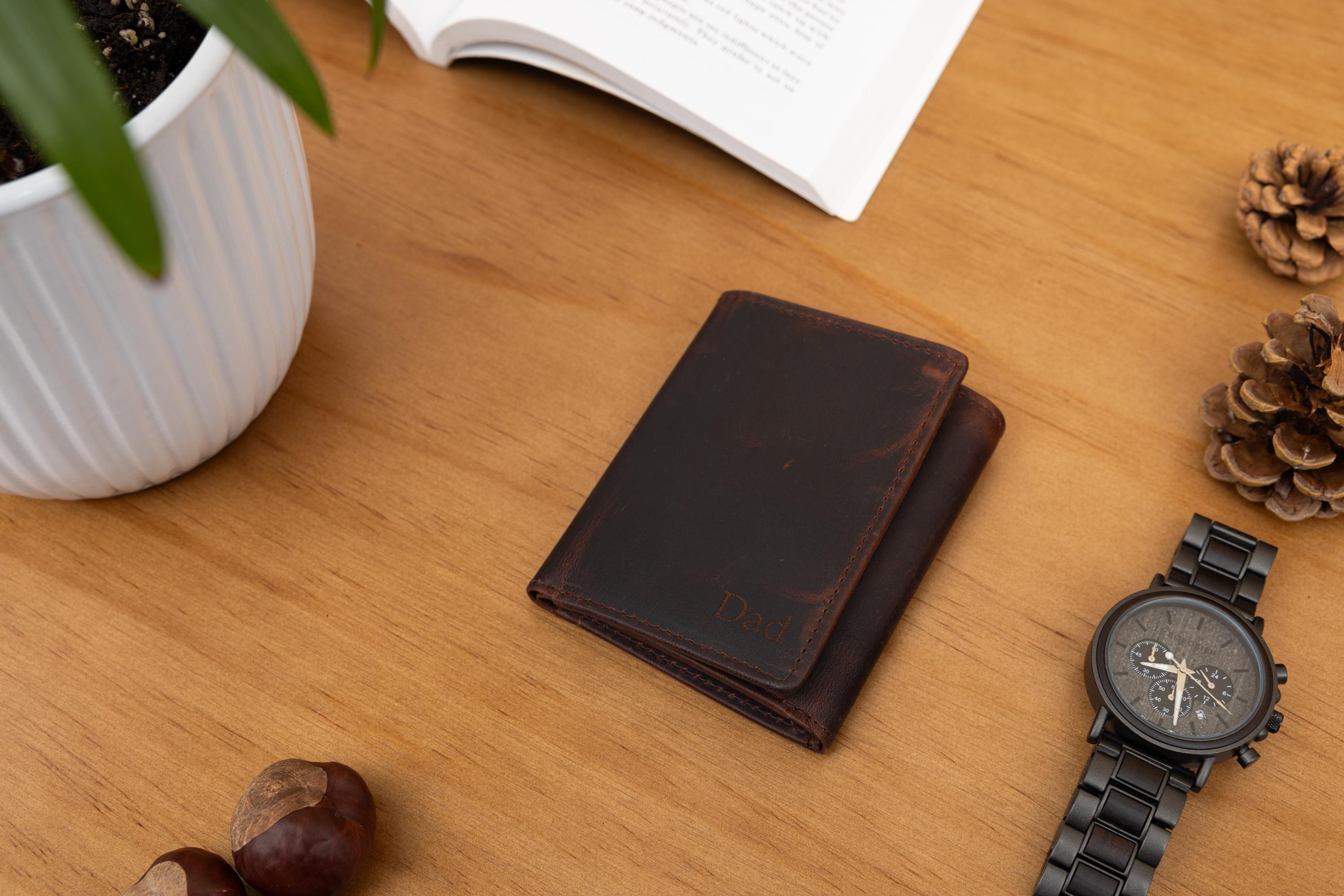 Personalised Custom Engraved Men's Trifold Wallet, Genuine Rustic Brown Leather Wallet, Personalized Father's Day Gift for Dad, Husband, Him