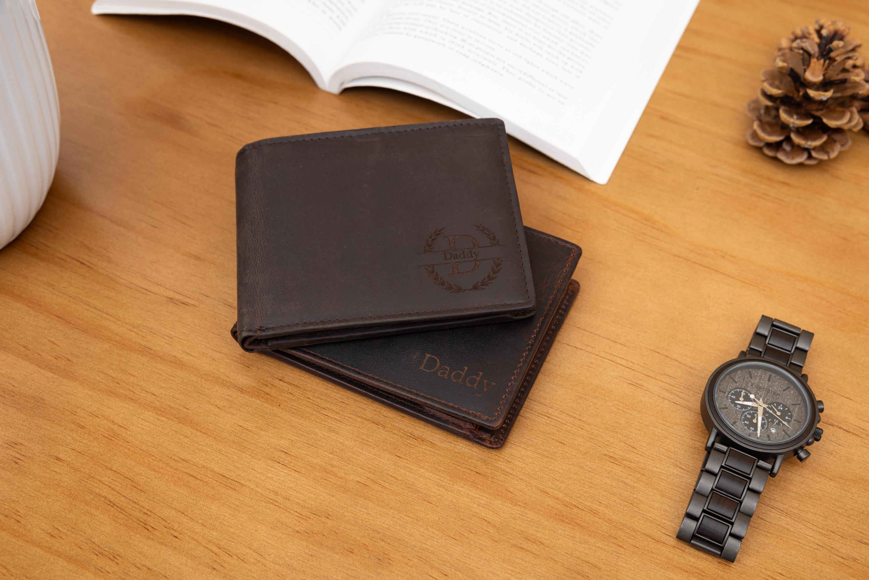 Father's Day Gift, Personalised Men's Brown Wallet, Engraved Wallet, Zip Coin Pocket Wallet, Custom Wallet, Gift for him, Men, Dad, Husband