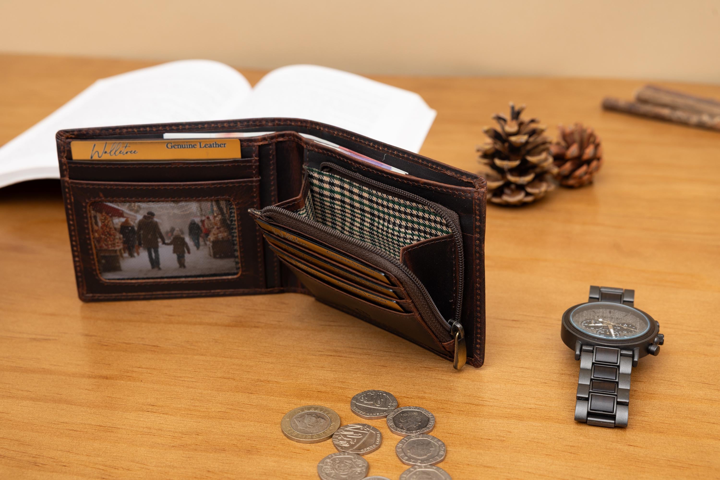 Father's Day Gift, Personalised Men's Brown Wallet, Engraved Wallet, Zip Coin Pocket Wallet, Custom Wallet, Gift for him, Men, Dad, Husband