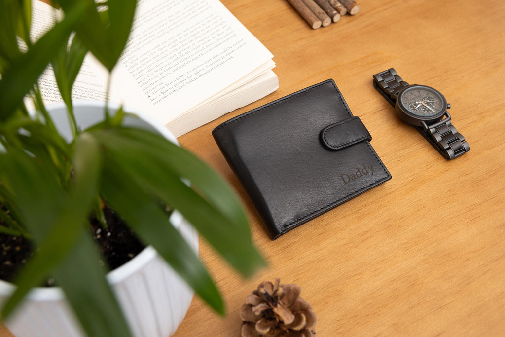 Personalised Custom Monogram Engraved, Genuine Soft Black & Brown Men's Leather Wallet, Father's Day Gift for him, Boyfriend, Husband, Dad