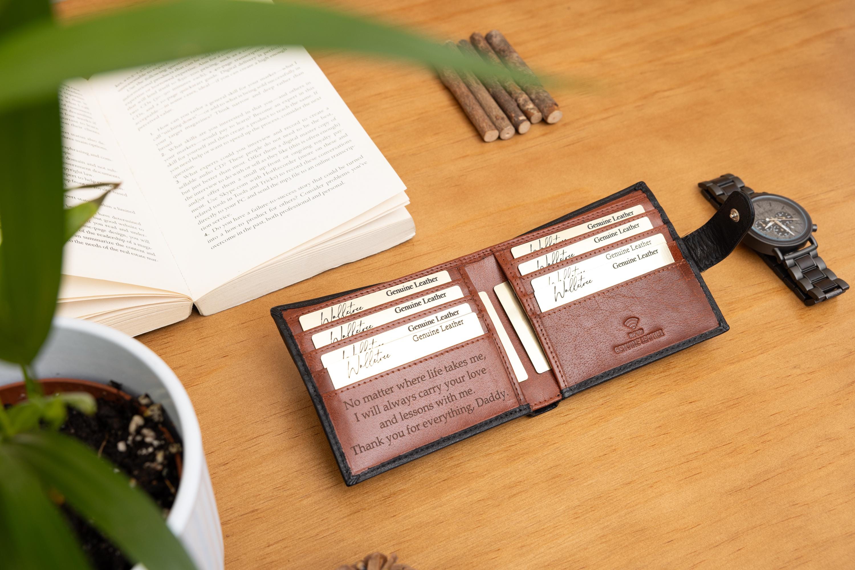 Personalised Custom Monogram Engraved, Genuine Soft Black & Brown Men's Leather Wallet, Father's Day Gift for him, Boyfriend, Husband, Dad