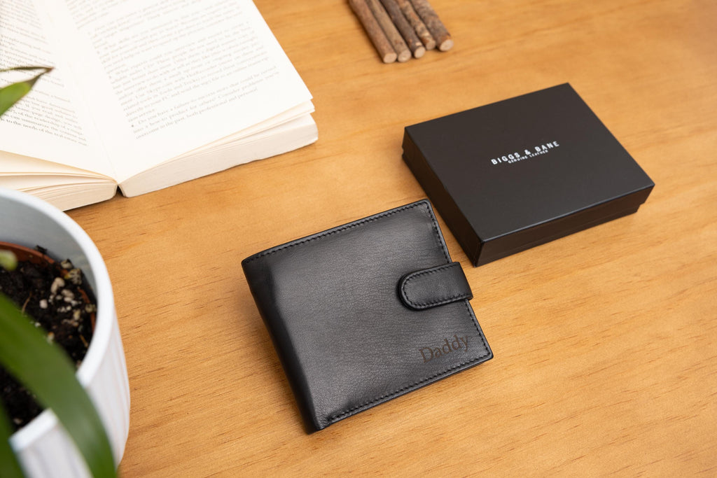 Personalised Custom Monogram Engraved, Genuine Soft Black & Brown Men's Leather Wallet, Father's Day Gift for him, Boyfriend, Husband, Dad