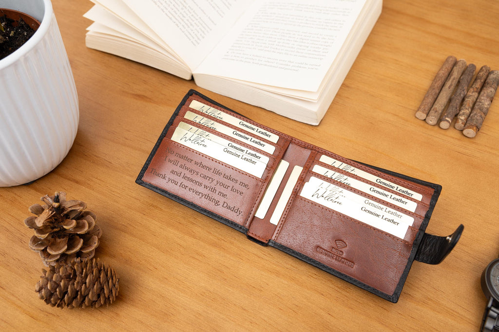 Personalised Custom Monogram Engraved, Genuine Soft Black & Brown Men's Leather Wallet, Father's Day Gift for him, Boyfriend, Husband, Dad